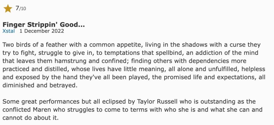 7 star IMDB review for "Bones And All"