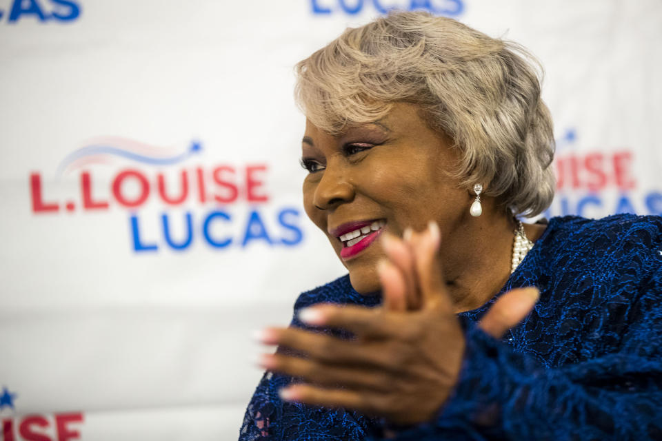 Sen. Louise Lucas celebrates her win for Virginia's 18th District State Senate Democratic nomination at Bide-A-Wee golf course in Portsmouth, Va., on Tuesday, June 20, 2023. (Kendall Warner/The Virginian-Pilot via AP)