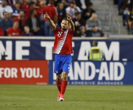 Sep 1, 2017; Harrison, NJ, USA; Costa Rica forward Marco Urena (21) reacts after scoring a goal against USA during first half at Red Bull Arena. Noah K. Murray-USA TODAY Sports