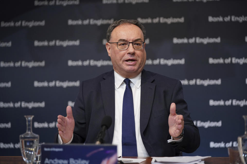 Andrew Bailey, Governor of the Bank of England speaks during the Bank of England Monetary Policy Report press conference at the Bank of England in London, Thursday Feb. 2, 2023. (Yui Mok/Pool via AP)