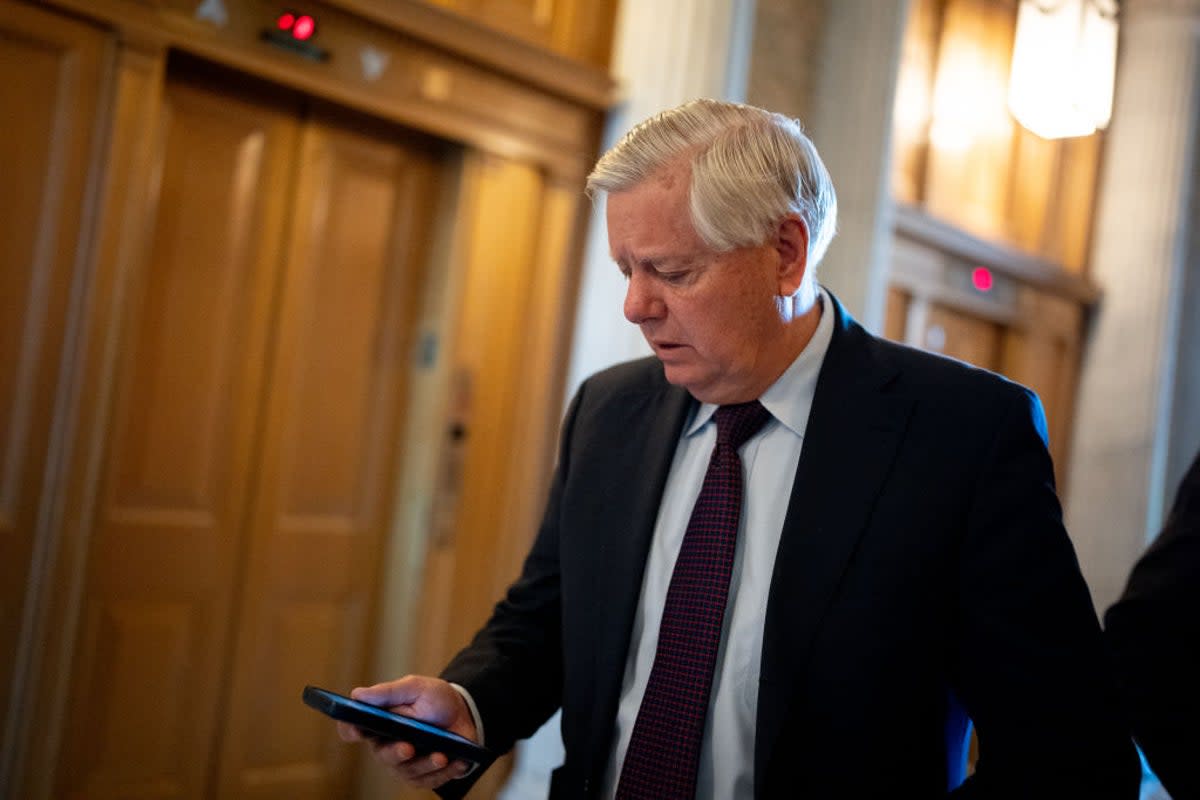 Senator Lindsey Graham is pictured staring at his phone during congressional votes to pass foreign aid for Ukraine, Israel and Taiwan. The FBI recently seized his phone as part of the agency’s investigation. (Getty Images)