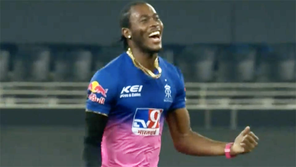 Jofra Archer, pictured here celebrating the wicket of David Warner.