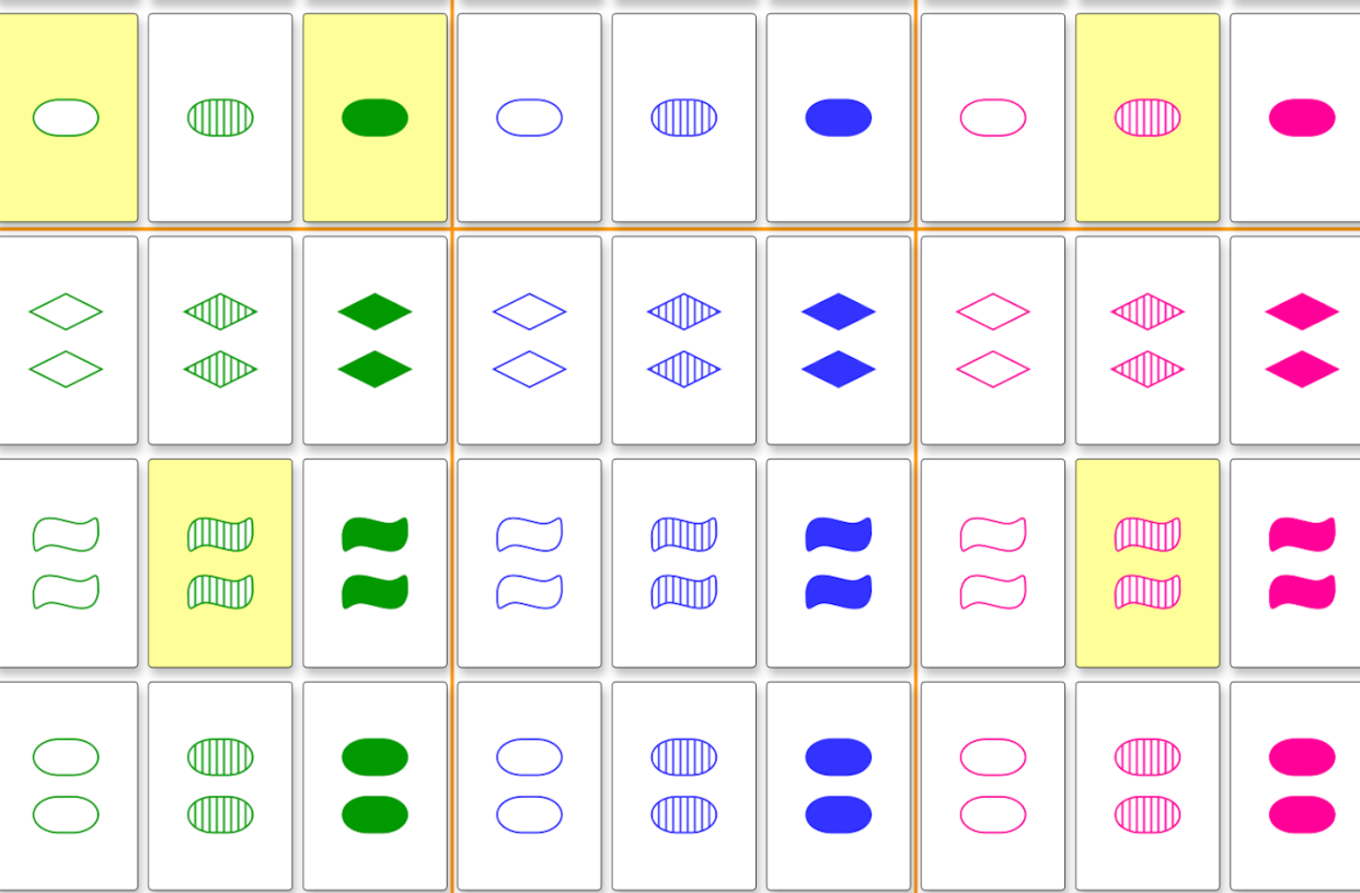 Can you find a matching set? <a href="https://en.wikipedia.org/wiki/File:Set_isomorphic_cards.svg" rel="nofollow noopener" target="_blank" data-ylk="slk:Cmglee/Wikimedia Commons;elm:context_link;itc:0;sec:content-canvas" class="link ">Cmglee/Wikimedia Commons</a>, <a href="http://creativecommons.org/licenses/by-sa/4.0/" rel="nofollow noopener" target="_blank" data-ylk="slk:CC BY-SA;elm:context_link;itc:0;sec:content-canvas" class="link ">CC BY-SA</a>