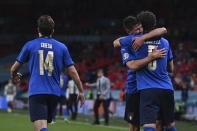 Italy's Matteo Pessina, center, celebrates with his teammate Manuel Locatelli after scoring his side's second goal during the Euro 2020 soccer championship round of 16 match between Italy and Austria at Wembley stadium in London in London, Saturday, June 26, 2021. (Ben Stansall/Pool Photo via AP)