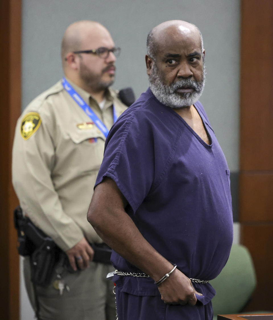 Duane Keith “Keffe D” Davis appears for his arraignment at the Regional Justice Center, Thursday, Nov. 2, 2023, in Las Vegas. Davis, a former Southern California street gang leader, pleaded not guilty Thursday to orchestrating a drive-by shooting that killed Tupac Shakur in 1996 in Las Vegas. (Ethan Miller/Pool Photo via AP)
