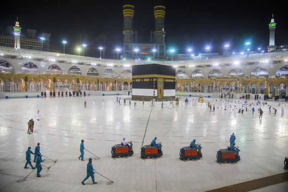 The area around the Kaaba is prepared for pilgrims, in Mecca, Saudi Arabia, Monday, July 27, 2020. Only about 1,000 pilgrims will be allowed to perform the annual hajj pilgrimage this year due to the virus pandemic. (Saudi Ministry of Media via AP)