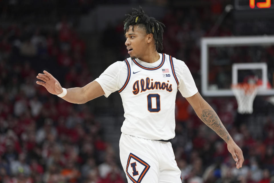 Illinois guard Terrence Shannon Jr. gestures during the second half of an NCAA college basketball game against Wisconsin in the championship of the Big Ten Conference tournament, Sunday, March 17, 2024, in Minneapolis. (AP Photo/Abbie Parr)