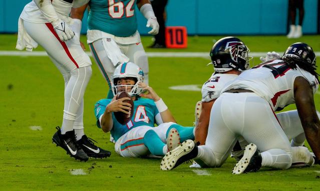 Miami Dolphins linebacker Mitchell Agude is shown on the sideline during  the second half of a preseason NFL football game against the Atlanta  Falcons, Friday, Aug. 11, 2023, in Miami Gardens, Fla. (