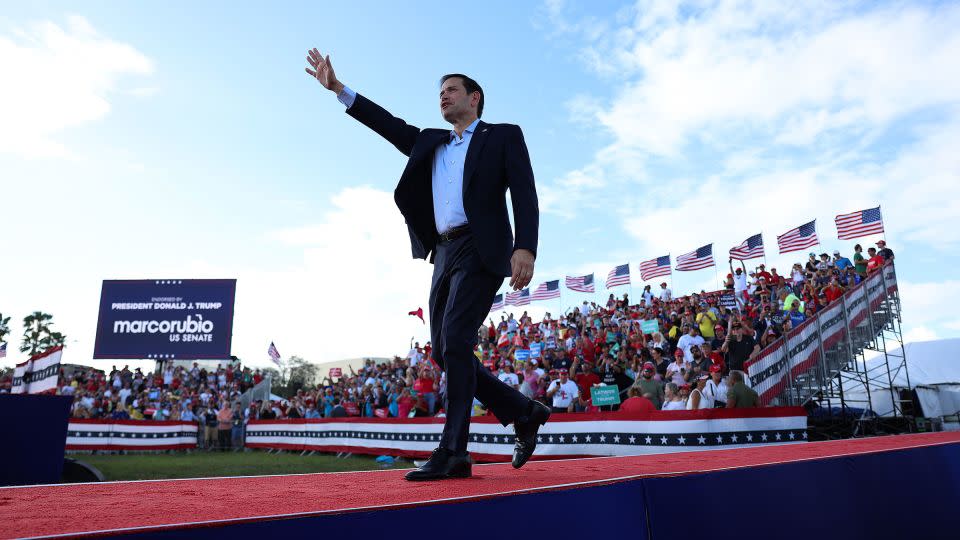 In this November 2022 photo, Sen. Marco Rubio takes to the stage before the arrival of former President Donald Trump at a rally at the Miami-Dade Country Fair and Exposition on in Miami. - Joe Raedle/Getty Images