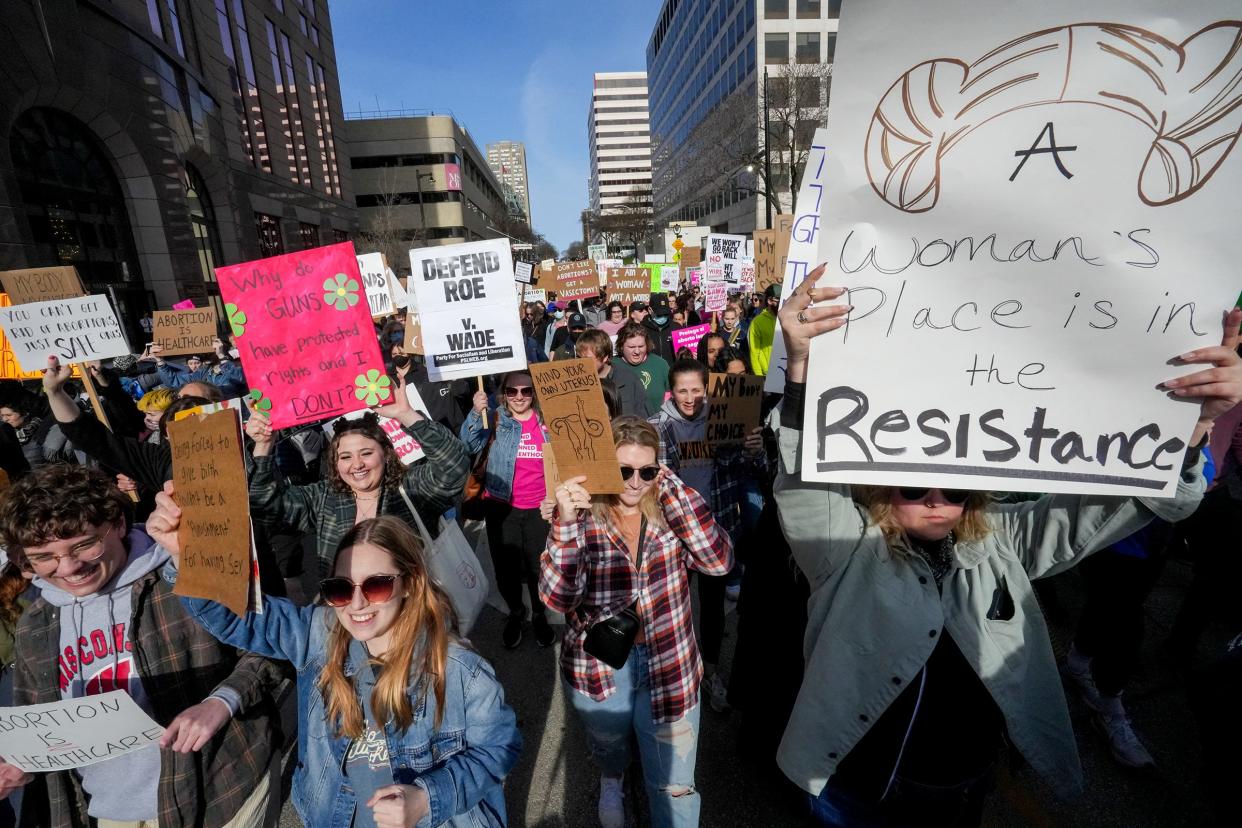 Women and men of all ages march in the streets after the rally for abortion rights May 4 at Red Arrow Park in downtown Milwaukee. They marched to Planned Parenthood.