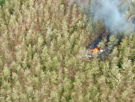 Smoke rises from wreckage after a plane crashed in the mountainous area of Punta Islita, in the province of Guanacaste, in Costa Rica December 31, 2017 in this picture obtained from social media. Ministerio de Seguridad Publica de Costa Rica/via REUTERS