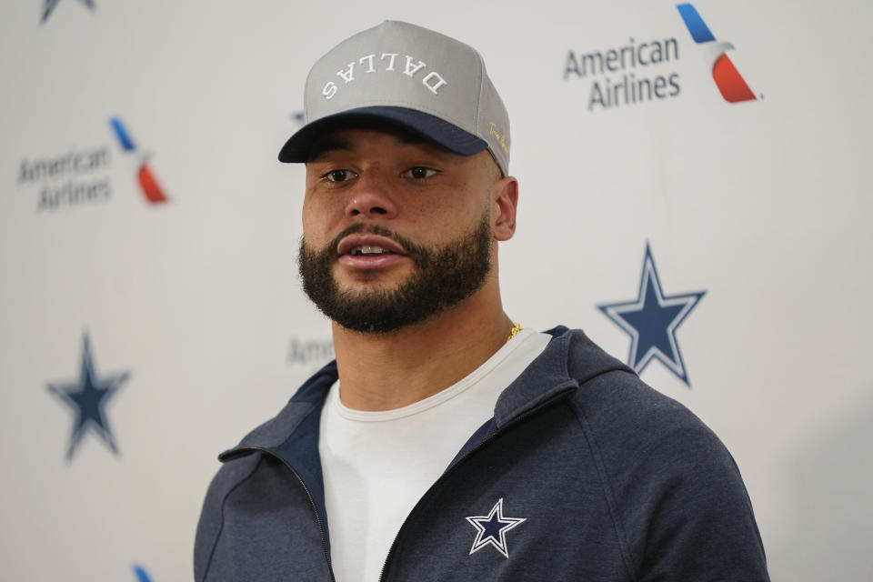 Dallas Cowboys quarterback Dak Prescott (4) speaking to member of the media at the end of an NFL football game against the Washington Commanders, Sunday, Jan. 8, 2023, in Landover, Md. Washington won 26-6. (AP Photo/Patrick Semansky)