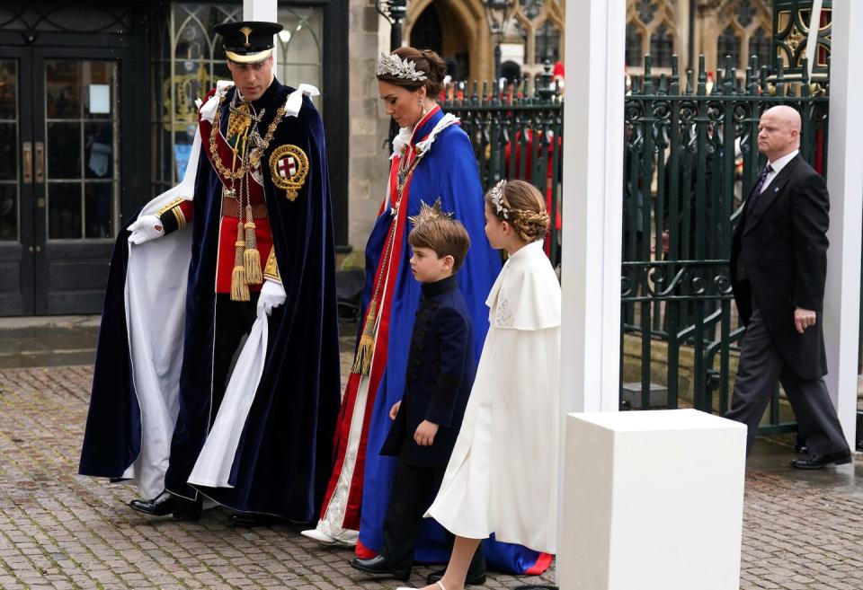 the prince and princess of wales with princess charlotte and prince louis arriving at westminster abbey, central london, ahead of the coronation ceremony of king charles iii and queen camillapicture date saturday may 6, 2023 pa photo see pa story royal coronation photo credit should read andrew milliganpa wire