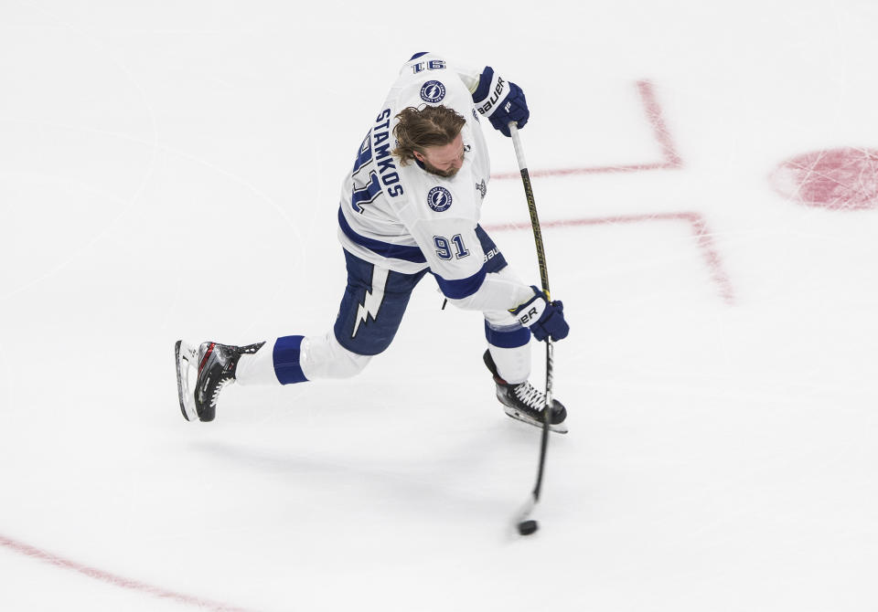 Tampa Bay Lightning center Steven Stamkos warms up for Game 3 of the NHL hockey Stanley Cup Final against the Dallas Stars, Wednesday, Sept. 23, 2020, in Edmonton, Alberta. (Jason Franson/The Canadian Press via AP)