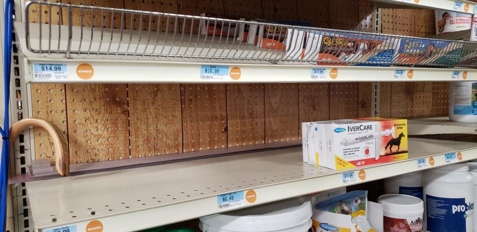 A section for ivermectin, a horse dewormer, is nearly cleaned out on a shelf at Tractor Supply Co. on Raeford Road in Fayetteville on Monday, Aug. 30, 2021. Some people believe ivermectin helps treat COVID-19 but it is not recommended by federal health officials.