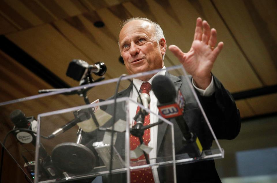 Congressman Steve King speaks during a candidate forum at the Greater Des Moines Partnership office in Des Moines on Thursday, Nov. 1, 2018.