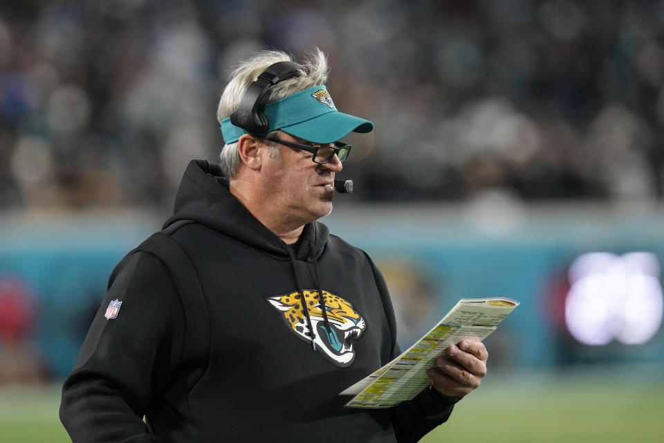 Jacksonville Jaguars head coach Doug Pederson decided against a challenge on a key play against the Chargers. (AP Photo/Chris O'Meara)