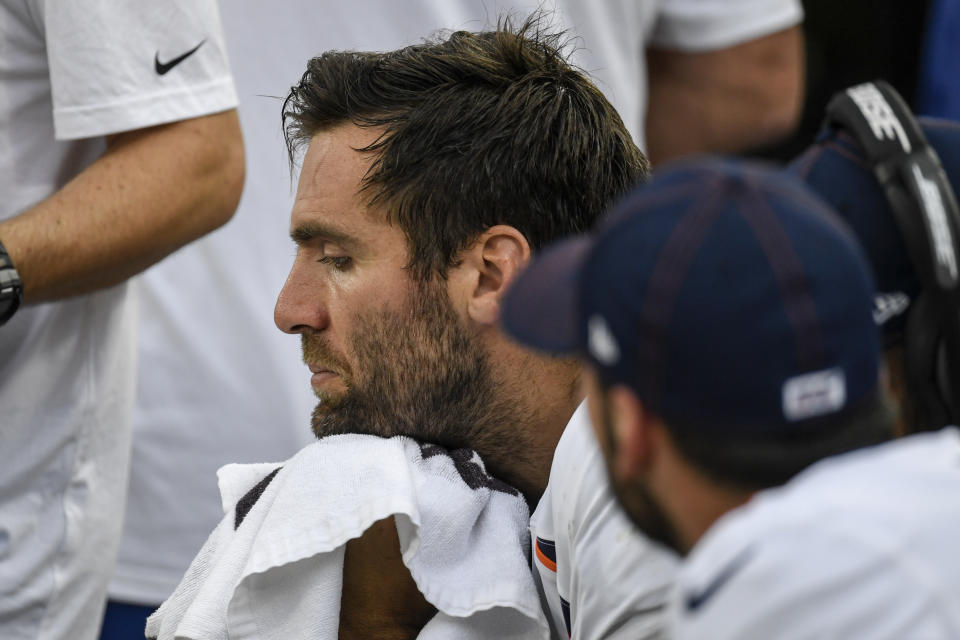 GREEN BAY, WI - SEPTEMBER 22: Joe Flacco (5) of the Denver Broncos sits on the bench as the defense works against the Green Bay Packers during the second half of the Packers' 27-16 win on Sunday, September 22, 2019. (Photo by AAron Ontiveroz/MediaNews Group/The Denver Post via Getty Images)