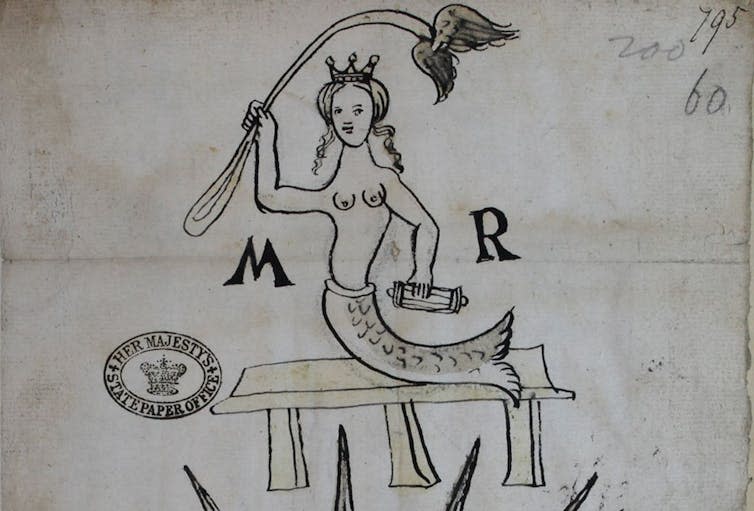 A sketch of a mermaid with the letters M and R either side of her.