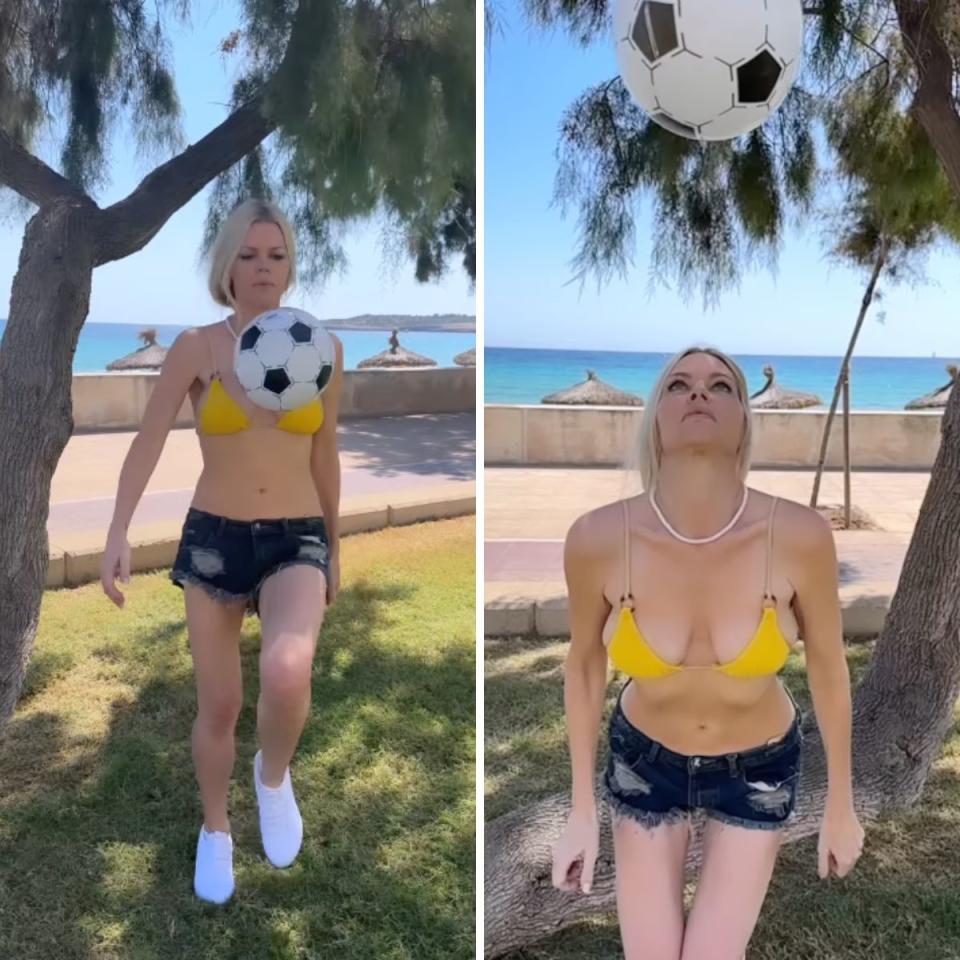 Sophie Monk in a yellow bikini with a football