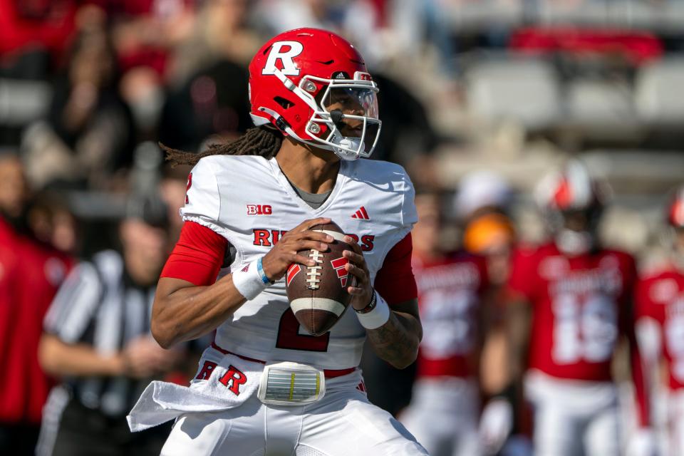 Oct 21, 2023; Bloomington, Indiana, USA; Rutgers Scarlet Knights quarterback Gavin Wimsatt (2) prepares to throw a pass during the first quarter of the game against the Indiana Hoosiers at Memorial Stadium. Mandatory Credit: Marc Lebryk-USA TODAY Sports