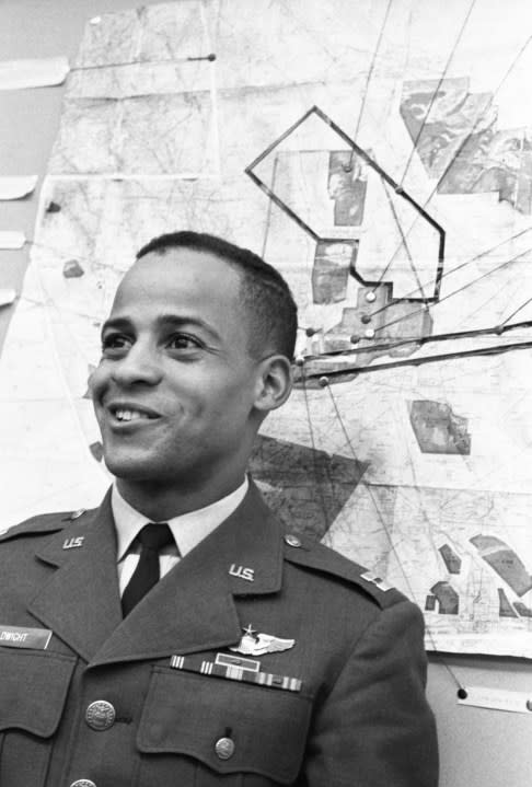 Captain Edward Dwight, the first Black man to be selected for possible participation in future U.S. manned space flights, is shown in his classroom at Edwards Air Force Base. Dwight is one of 14 candidates choses for the Air Force’s Aerospace Research Program. They will be trained primarily for the Dyna-Soar program. The Dyna-Soar or X-20 is to be a winged space vehicle. (Photo by Bettmann Archive/Getty Images)