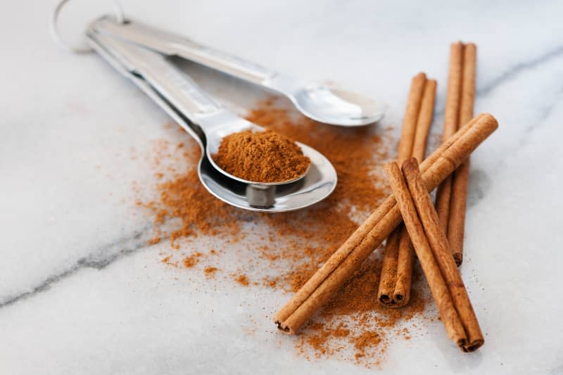 Studio shot of cinnamon stick and cinnamon powder