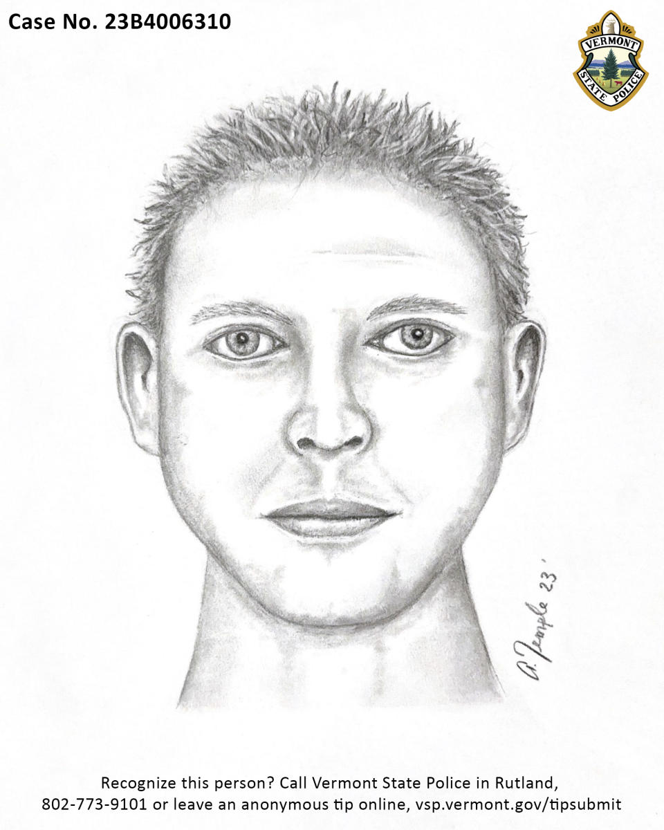 This composite police sketch released by the Vermont State Police, depicts a person of interest in the Oct. 5, 2023, killing of Honoree Fleming, 77, in Castleton, Vt. The sketch was prepared for the Vermont State Police by Detective Sgt. Adam Temple of the Sagadahoc County Sheriff's Office in Bath, Maine, and released by VSP, Wednesday, Oct. 11, 2023. (Detective Sgt. Adam Temple/Vermont State Police via AP)