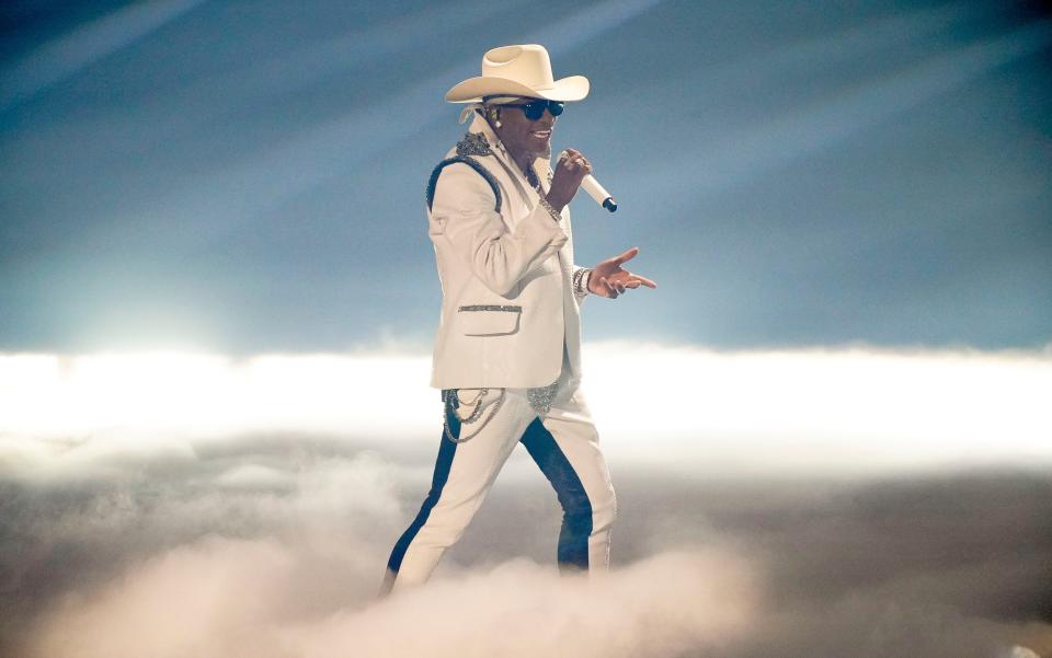 Jimmie Allen performs during the CMT Music Awards at Municipal Auditorium in Nashville, Tenn., Monday, April 11, 2022.