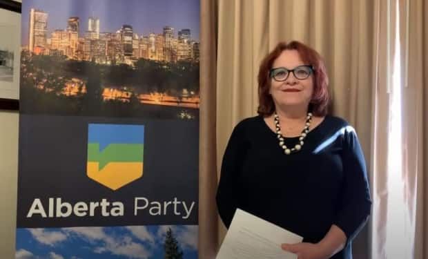 Former PC MLA Jacquie Fenske is the interim leader of the Alberta Party until a new one is chosen this fall. (Alberta Party/YouTube - image credit)