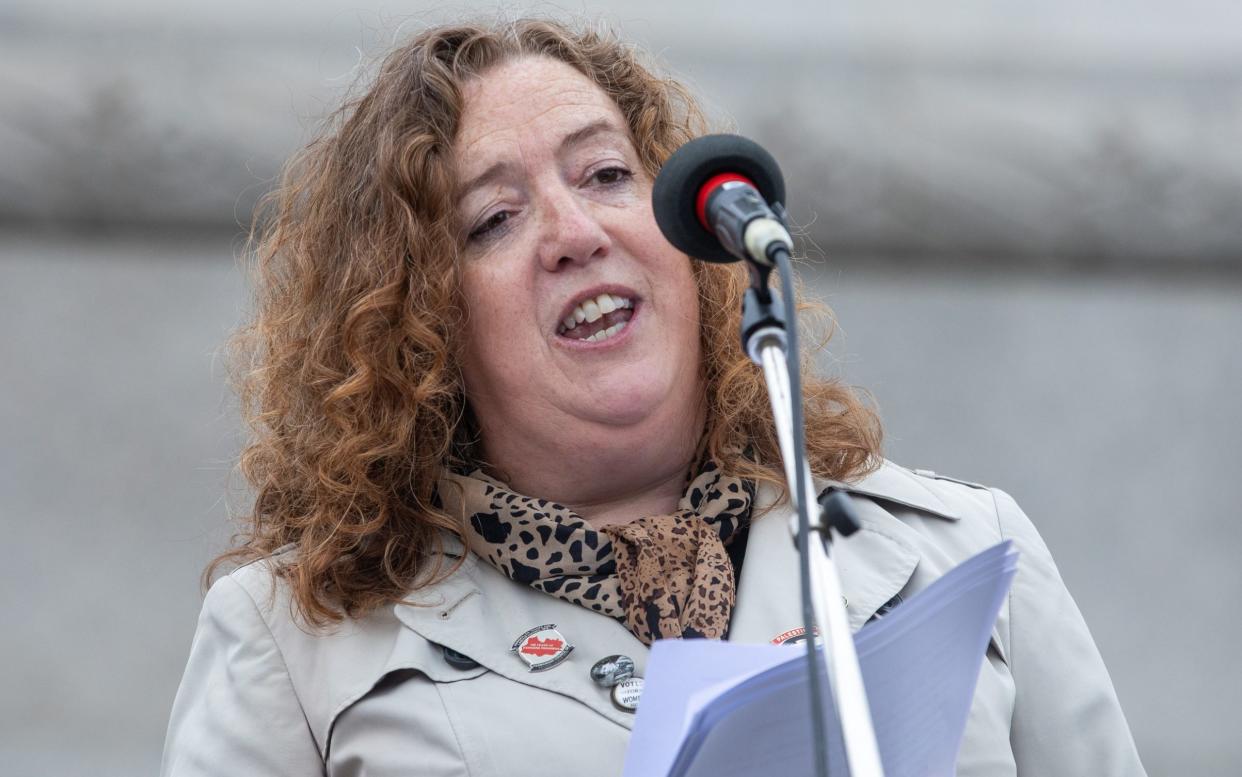 Fran Heathcote, the general secretary of the PCS, addresses workers during a rally in Trafalgar Square, London in May 2024