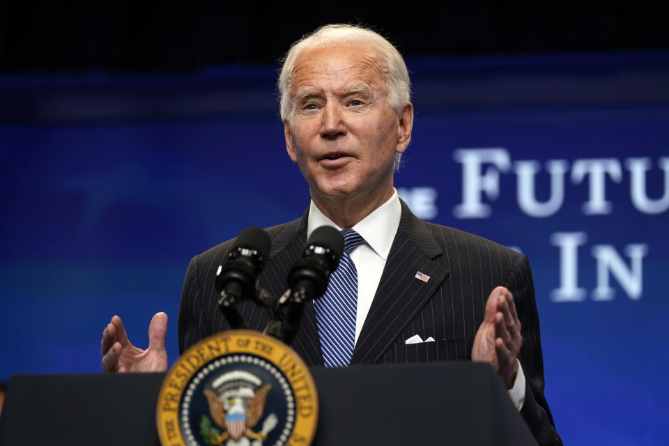 President Joe Biden speaks during an event on American manufacturing, in the South Court Auditorium on the White House complex, Monday, Jan. 25, 2021, in Washington. (AP Photo/Evan Vucci)