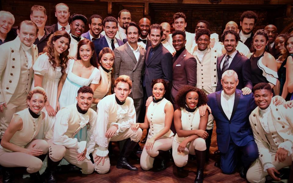 The West End cast of Hamilton with Leah Hill, who plays The Bullet, front row, third from right.