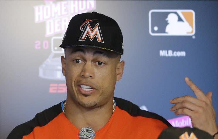 Miami Marlins’ Giancarlo Stanton talks to reporters during a news conference before the MLB baseball All-Star Home Run Derby, Monday, July 10, 2017, in Miami. (AP Photo/Alan Diaz)