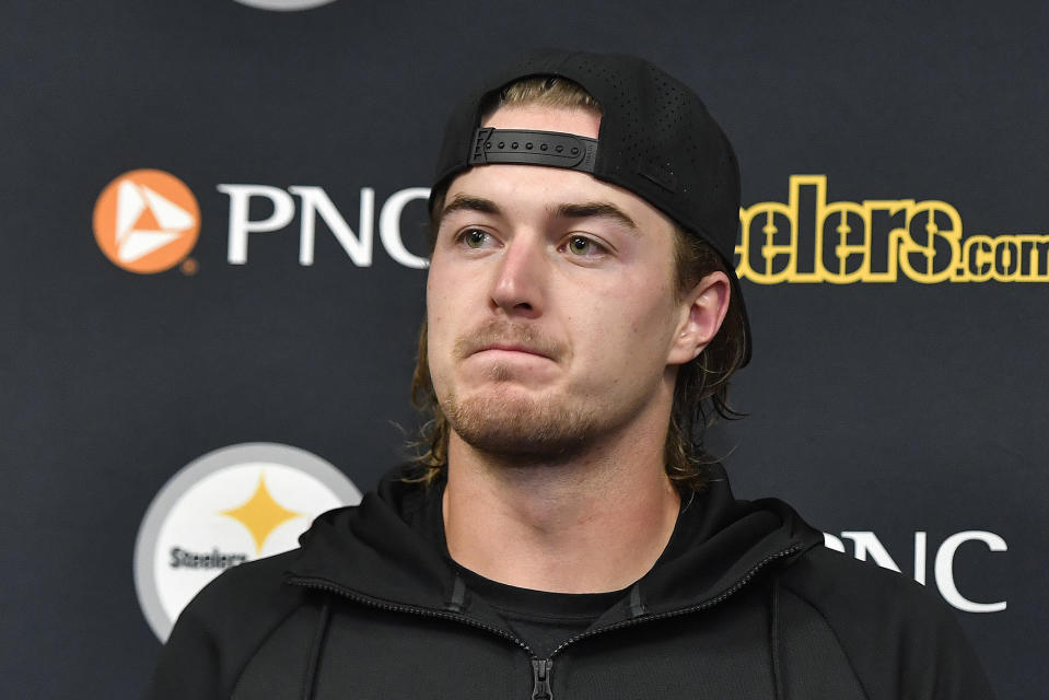 Pittsburgh Steelers quarterback Kenny Pickett meets with reporters after an NFL football game against the Buffalo Bills in Pittsburgh, Sunday, Oct. 9, 2022. The Bills won 38-3. (AP Photo/Adrian Kraus)