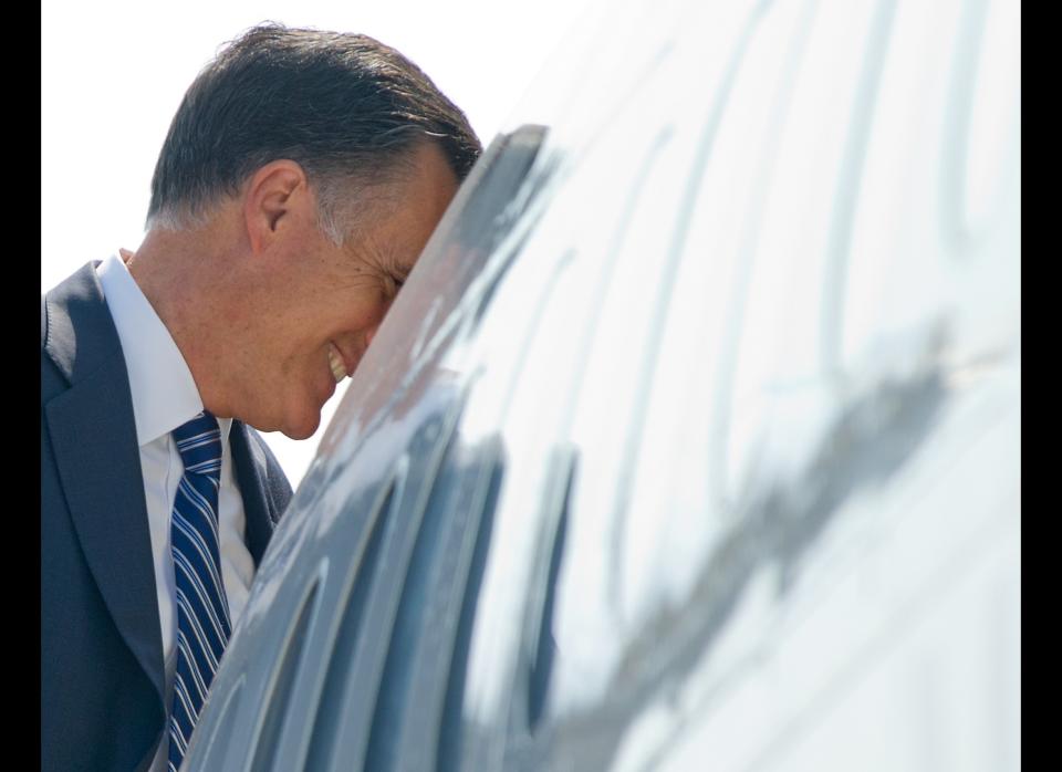 US Republican presidential candidate Mitt Romney boards his plane on September 18, 2012 in Salt Lake City before departing for Dallas where he will attend a fundraiser.   AFP PHOTO/Nicholas KAMM        (Photo credit should read NICHOLAS KAMM/AFP/GettyImages)