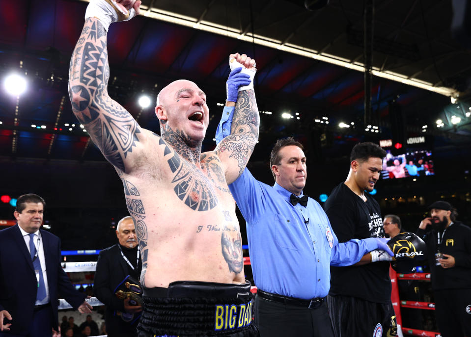 MELBOURNE, AUSTRALIA - JUNE 05: Lucas Browne celebrates after defeating Junior Fa during their heavyweight fight, at Marvel Stadium on June 05, 2022 in Melbourne, Australia. (Photo by Mikey Williams/Top Rank Inc via Getty Images)