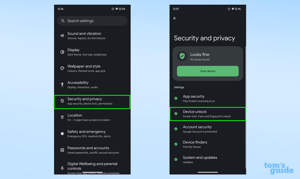 A screenshot showing the main Settings menu and the Security and privacy sub-menu in Android 14