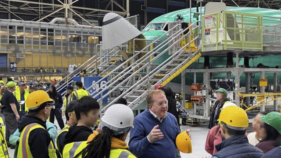 Stan Deal, Boeing Commercial Airplanes President and CEO, speaks with Boeing employees in Renton, Wash., on Thursday, Jan. 25, 2024. Alaska Airlines has begun flying Boeing 737 Max 9 jetliners again, Friday, Jan. 26, for the first time since they were grounded after a panel blew out of the side of one of the airline's planes.(Boeing via AP)