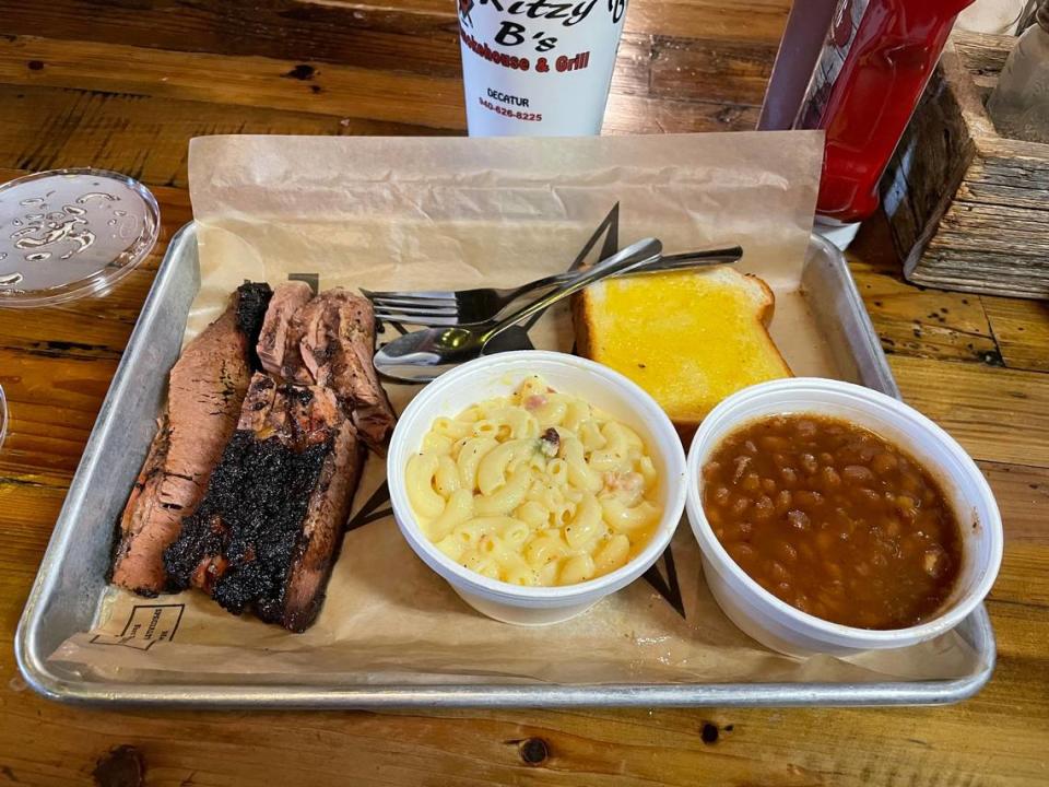 A brisket plate with beans and mac and cheese at Ritzy B’s Smokehouse and Grill in Decatur, Texas, on March 17, 2023.