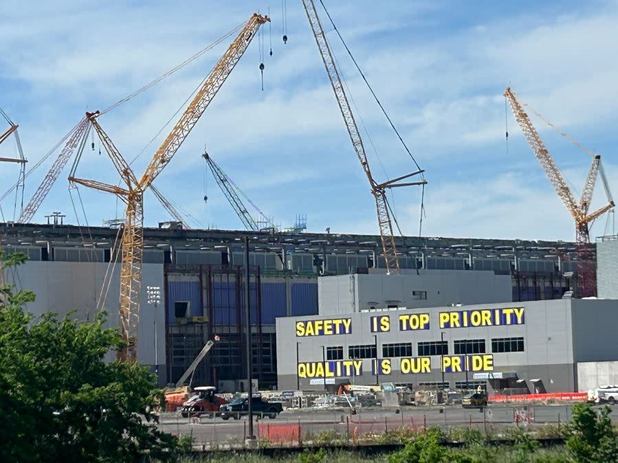 Cranes seen at Taylor Samsung construction site April 12, 2024. (KXAN Photo/Frank Martinez)