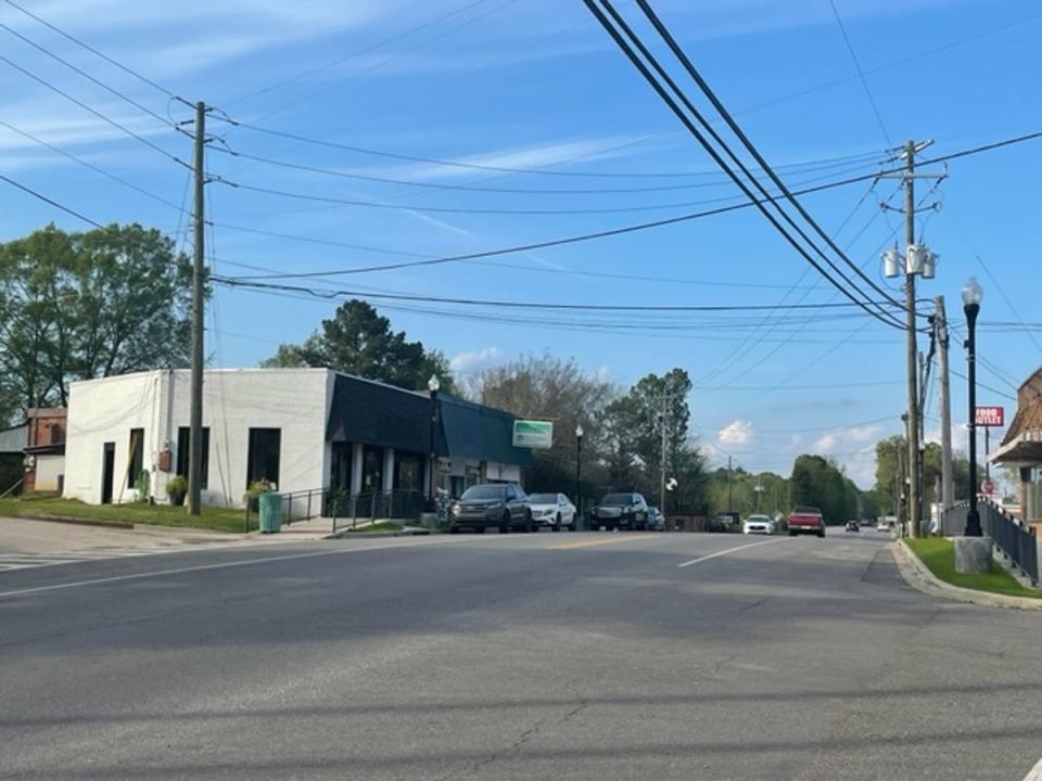 Alicia’s Coffee, on the corner to the left, is diagnally across the street from the defunct police department in Vincent, where other businesses include a food store, furniture shop, post office and Dollar General (Sheila Flynn)