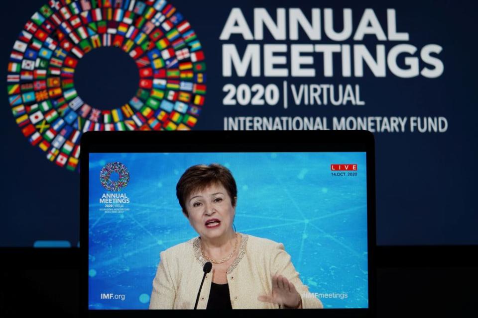 International Monetary Fund IMF Managing Director Kristalina Georgieva speaks during a virtual news conference for the annual meeting of the World Bank Group and the IMF in Washington, D.C., the United States, on Oct. 14, 2020. (Photo by Liu Jie/Xinhua via Getty) (Xinhua/Liu Jie via Getty Images)