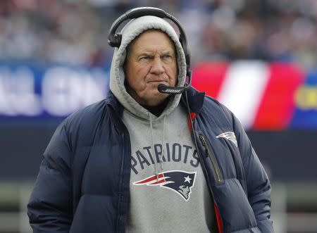 Dec 24, 2017; Foxborough, MA, USA; New England Patriots head coach Bill Belichick watches from the sideline as they take on the Buffalo Bills in the second half at Gillette Stadium. Mandatory Credit: David Butler II-USA TODAY Sports