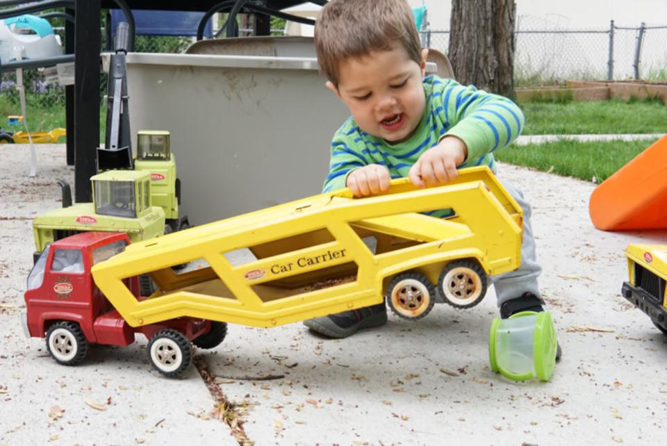 Mary O'Neill gave Benjamin Olson a box of toys that belonged to her late son.  (Sarah Olson)