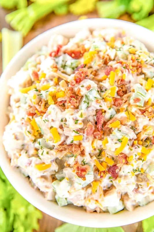 <p>Plain Chicken</p><p>Turkey salad loaded with cheddar, bacon and ranch. A great way to use up all that leftover Thanksgiving turkey! Serve on a croissant for the best turkey sandwich ever!</p><p><strong>Get the recipe: <a href="https://www.plainchicken.com/2019/11/crack-turkey-salad.html" rel="nofollow noopener" target="_blank" data-ylk="slk:Crack Turkey Salad;elm:context_link;itc:0;sec:content-canvas" class="link ">Crack Turkey Salad</a></strong></p>