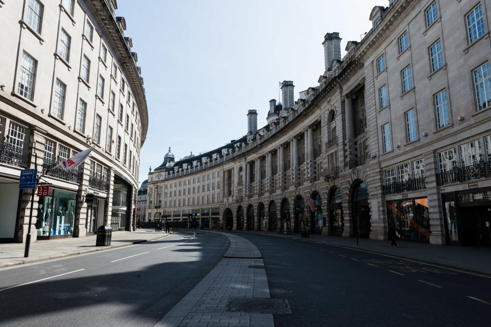 A view of an empty Regent Street in central London as the UK's nationwide lockdown continues with the aim to slow down the spread of the Coronavirus disease on 07 April, 2020 in London, England. According to data published yesterday by the Department of Health and Social Care, the total number of people who tested positive for Covid-19 in the UK increased to 51,608 while the hospital death toll rose to 5,373. (Photo by WIktor Szymanowicz/NurPhoto via Getty Images)