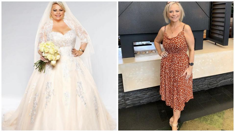 Married At First Sight Jo McPharlin in her wedding dress and in an orange polka dot dress showing off her weight loss