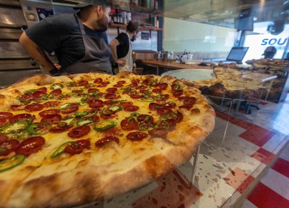 The White Hot Heat, a white pizza with garlic, mozzarella, pepperoni, ricotta, jalapeño and red pepper flakes, is the bestseller at Far Out Pizza in Little Havana.