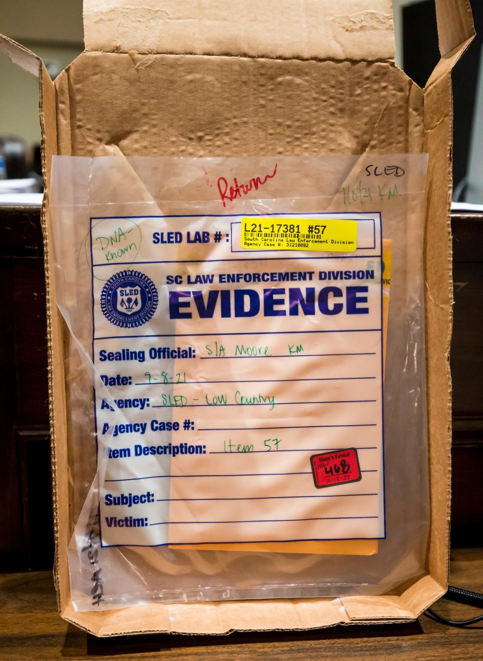 Evidence during day 16 of the double murder trial of Alex Murdaugh at the Colleton County Courthouse on Monday, February 13, 2023.  Jeff Blake/The State/Pool